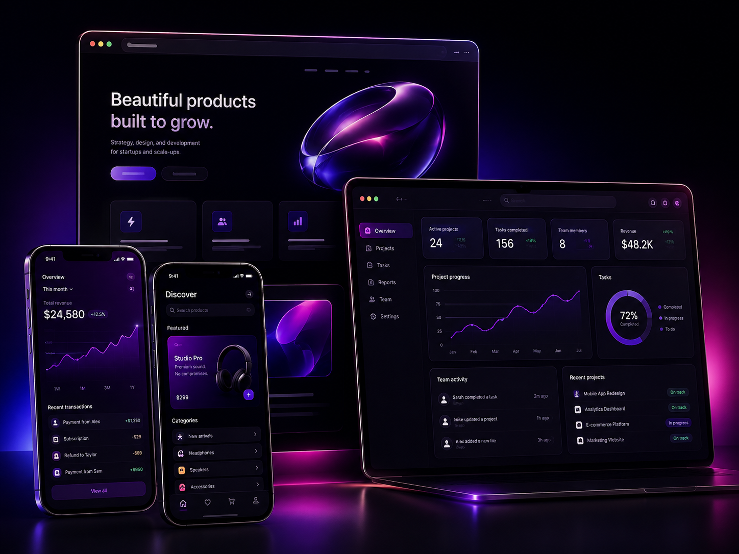 A polished launch-ready digital product shown across desktop, tablet, and mobile screens
