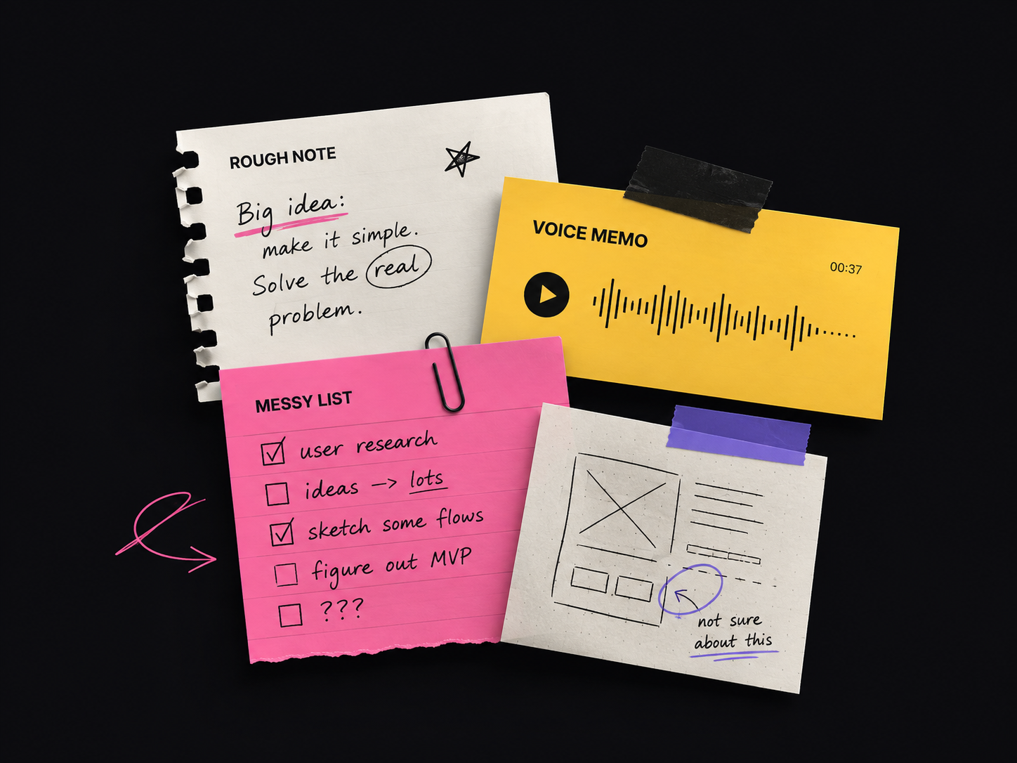 Rough notes, a voice memo, a messy checklist, and an early wireframe