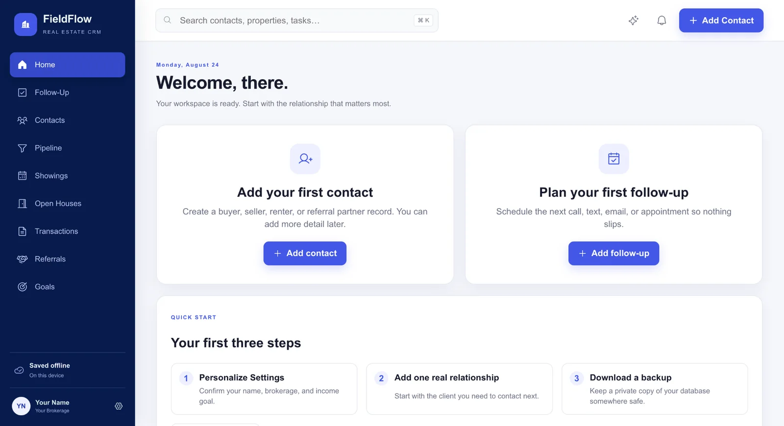FieldFlow real estate CRM home screen with contact and follow-up quick-start actions