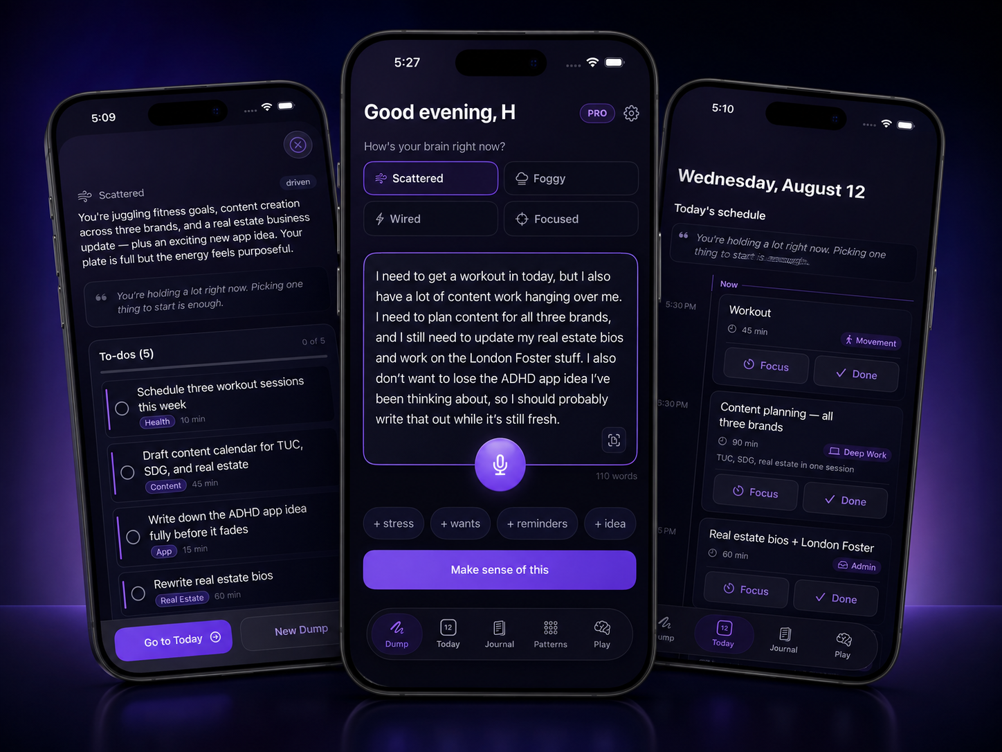 Bramble AI-assisted iOS mental clarity product displayed on three mobile screens