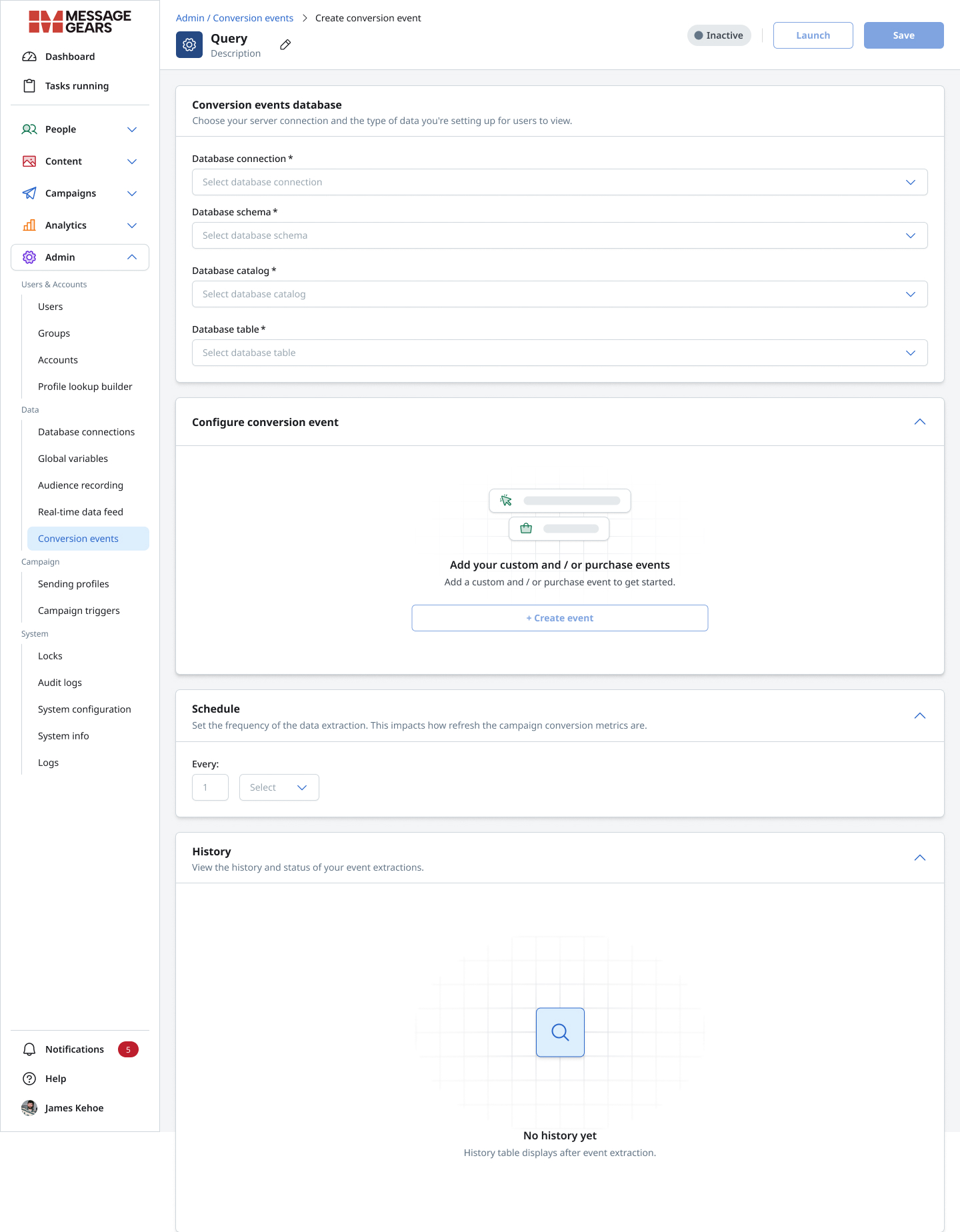 Initial conversion event setup with database fields and an empty state for custom and purchase events