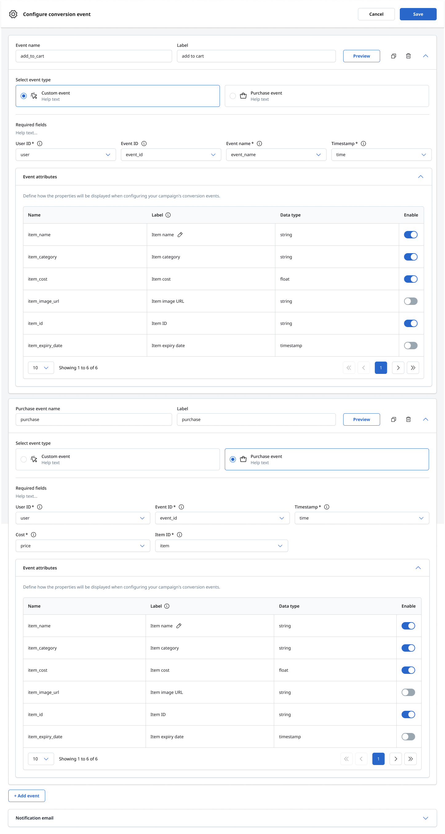 Combined custom and purchase conversion-event configuration within one workflow