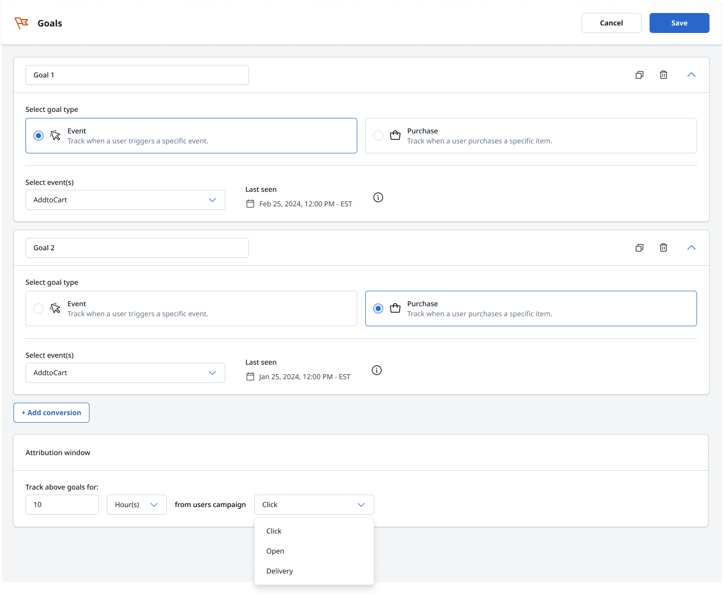 Campaign goals builder with event and purchase goals