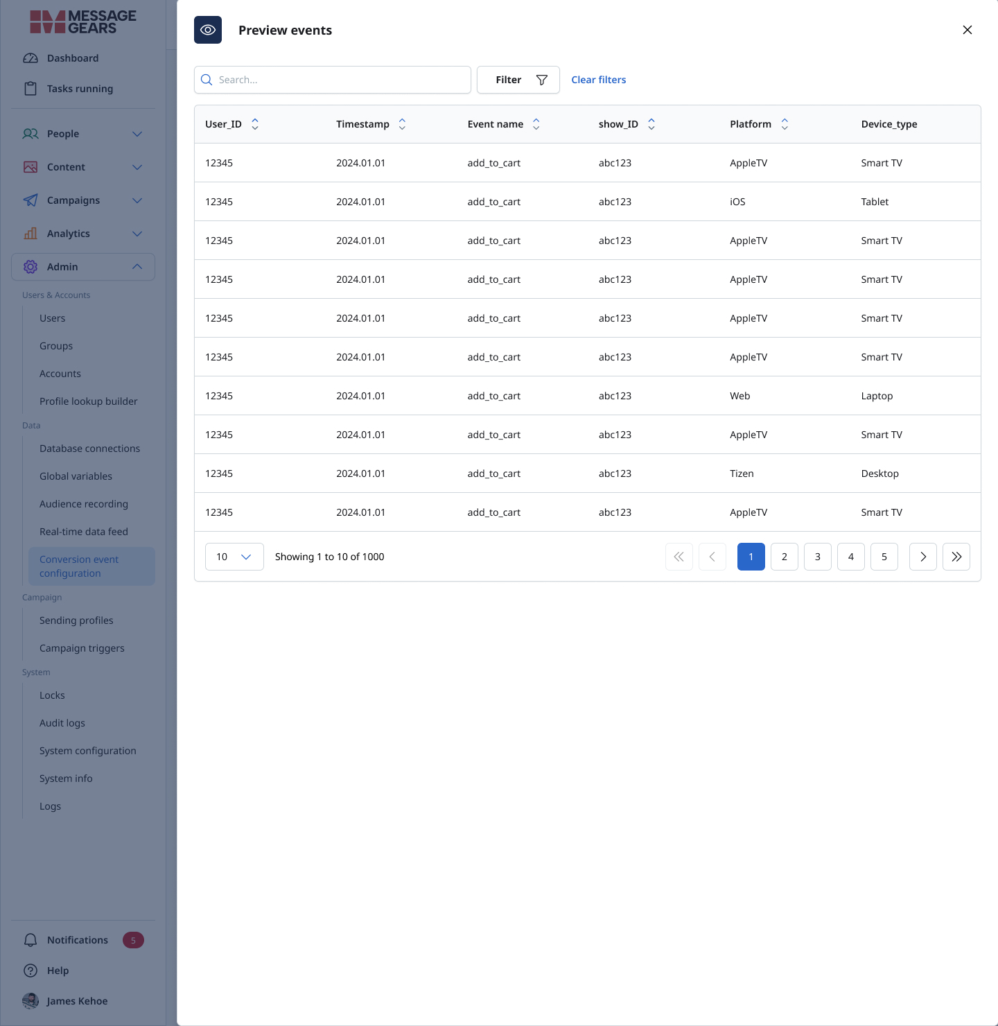 Preview table showing conversion-event records across users, timestamps, platforms, and devices