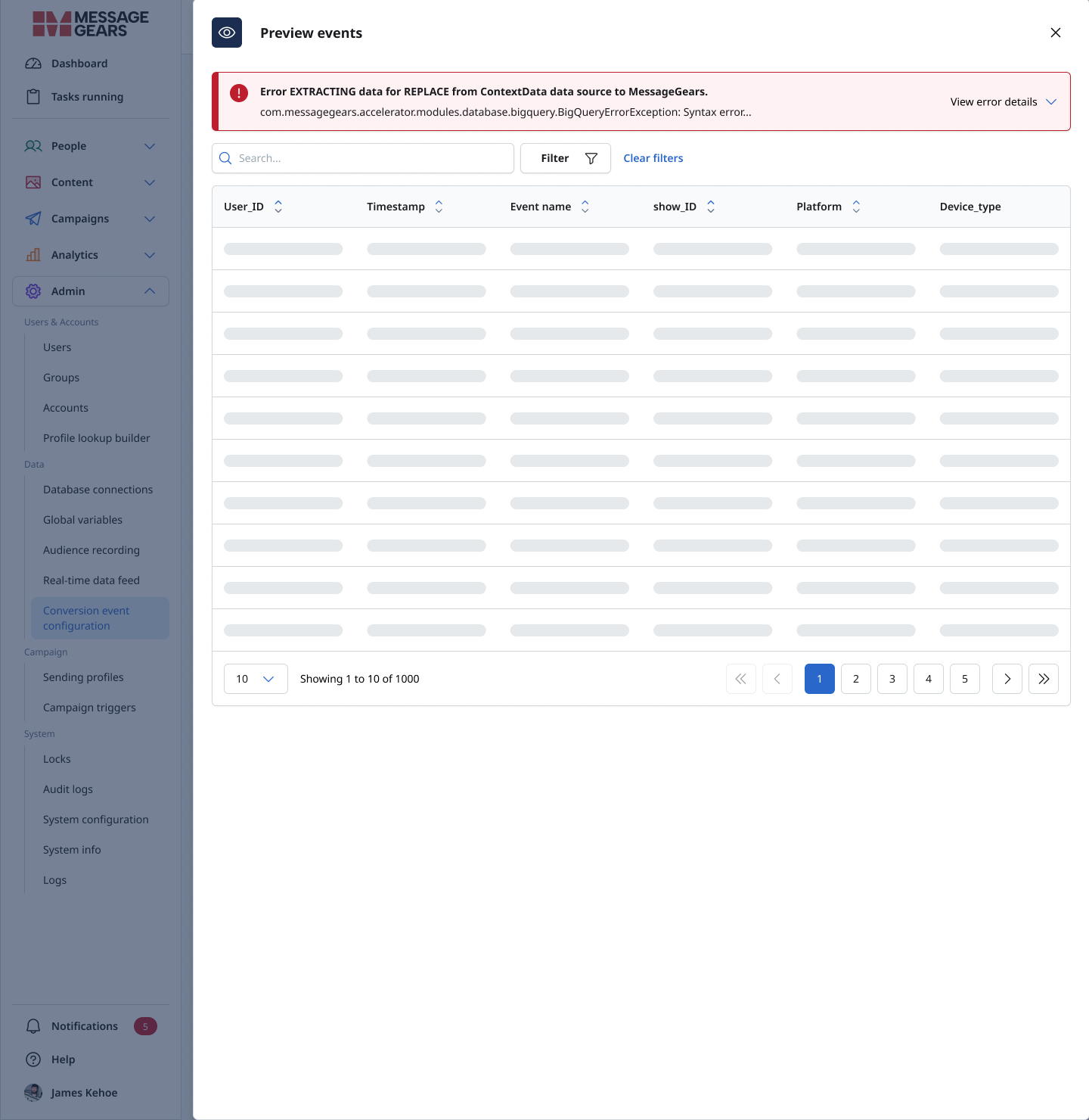 Conversion-event preview showing an extraction error with technical context