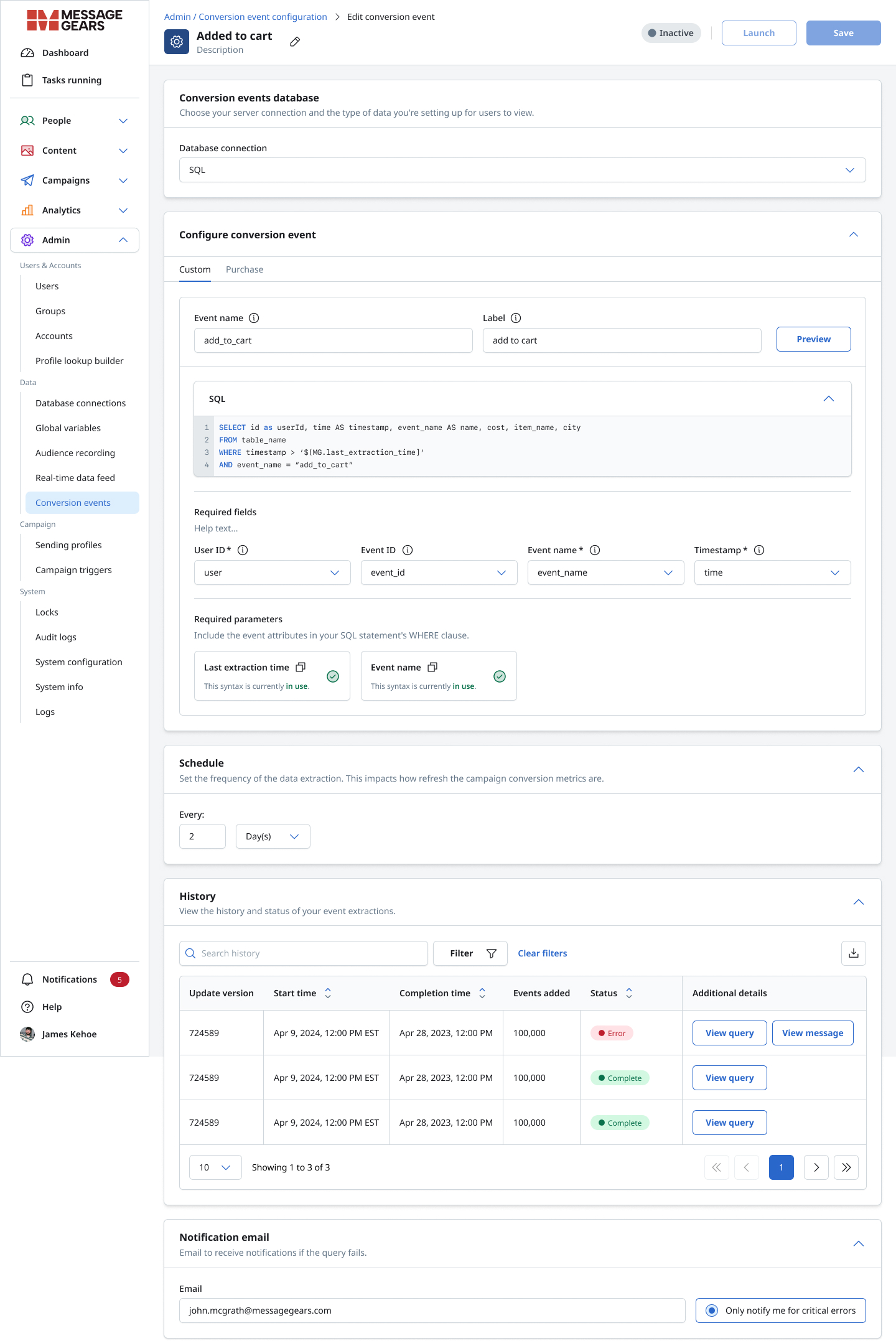 SQL conversion event configuration with extraction history