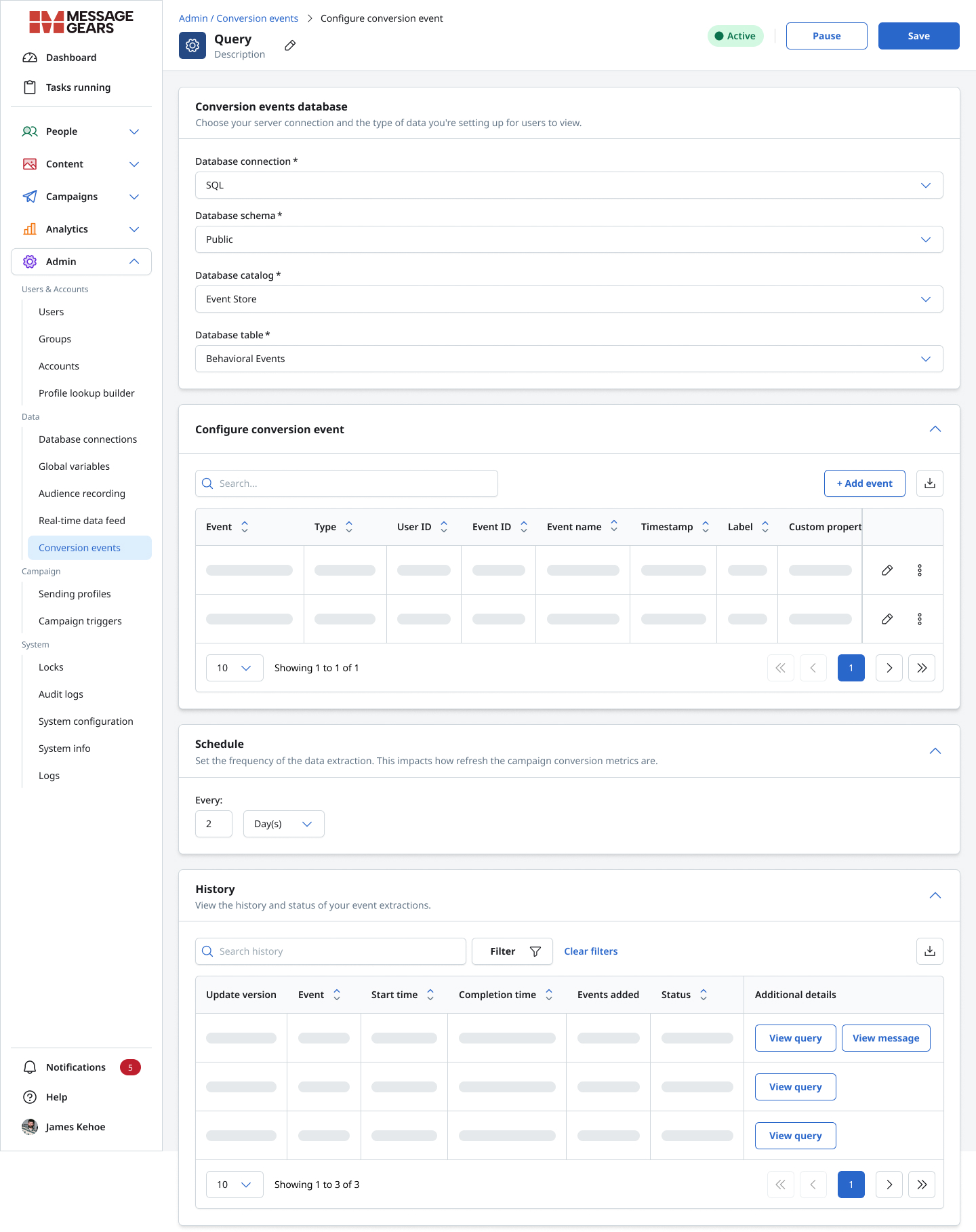 Conversion events and history tables displaying loading states