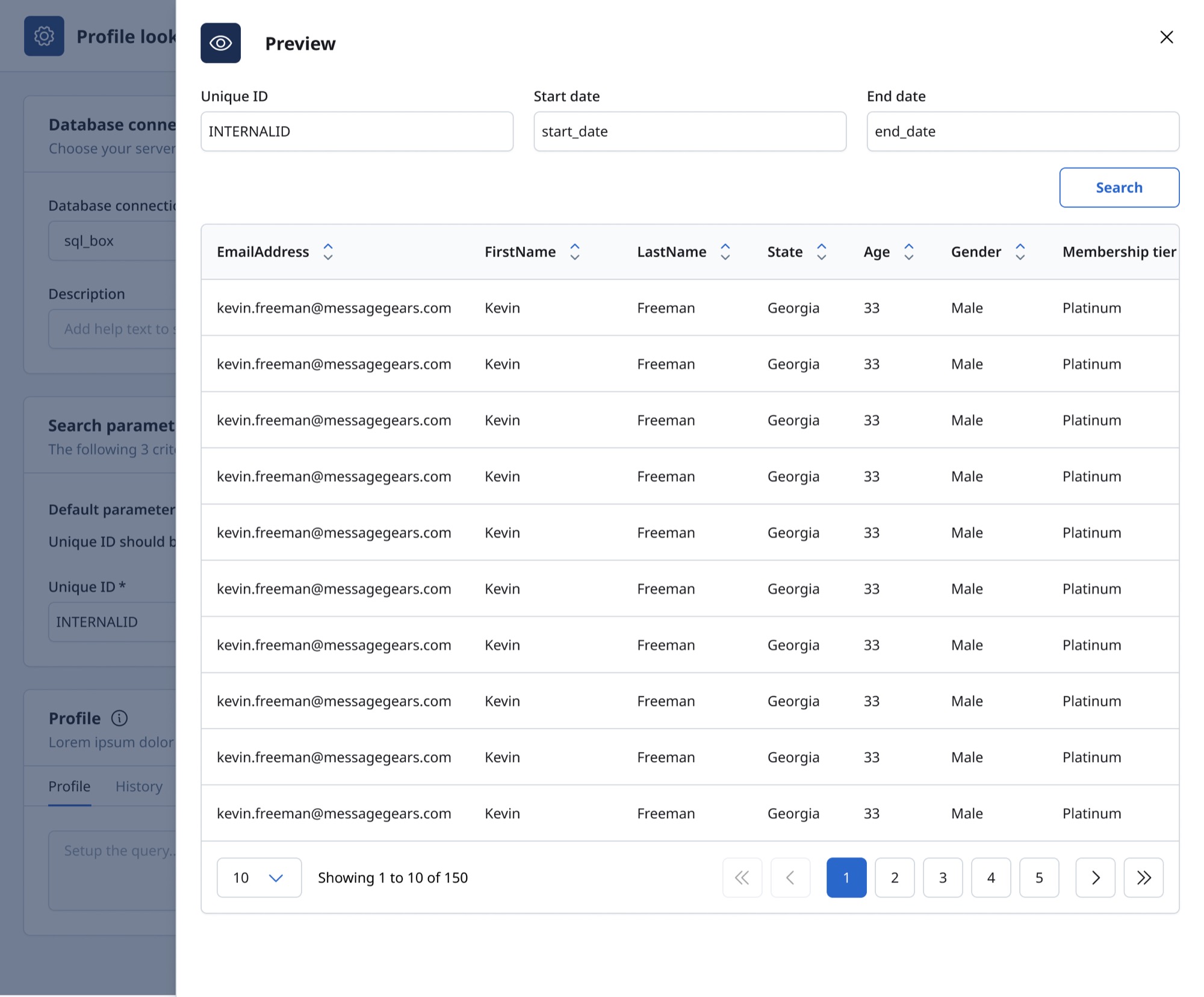 Profile Lookup Builder preview returning customer fields in a table
