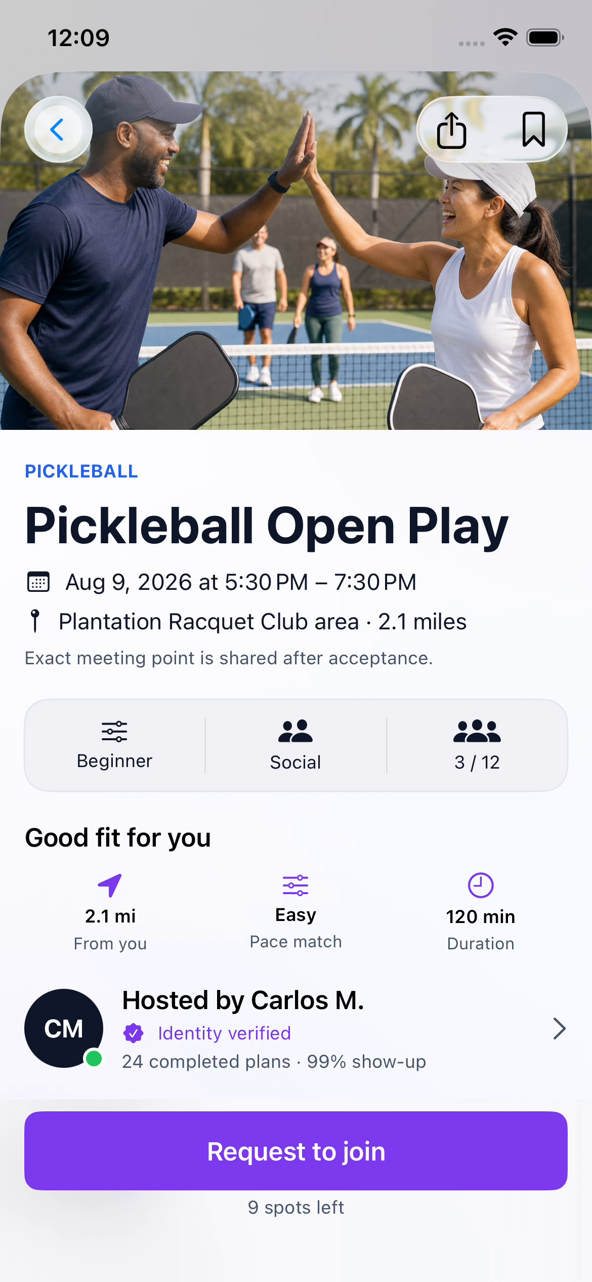 Alongside activity detail screen with request to join action