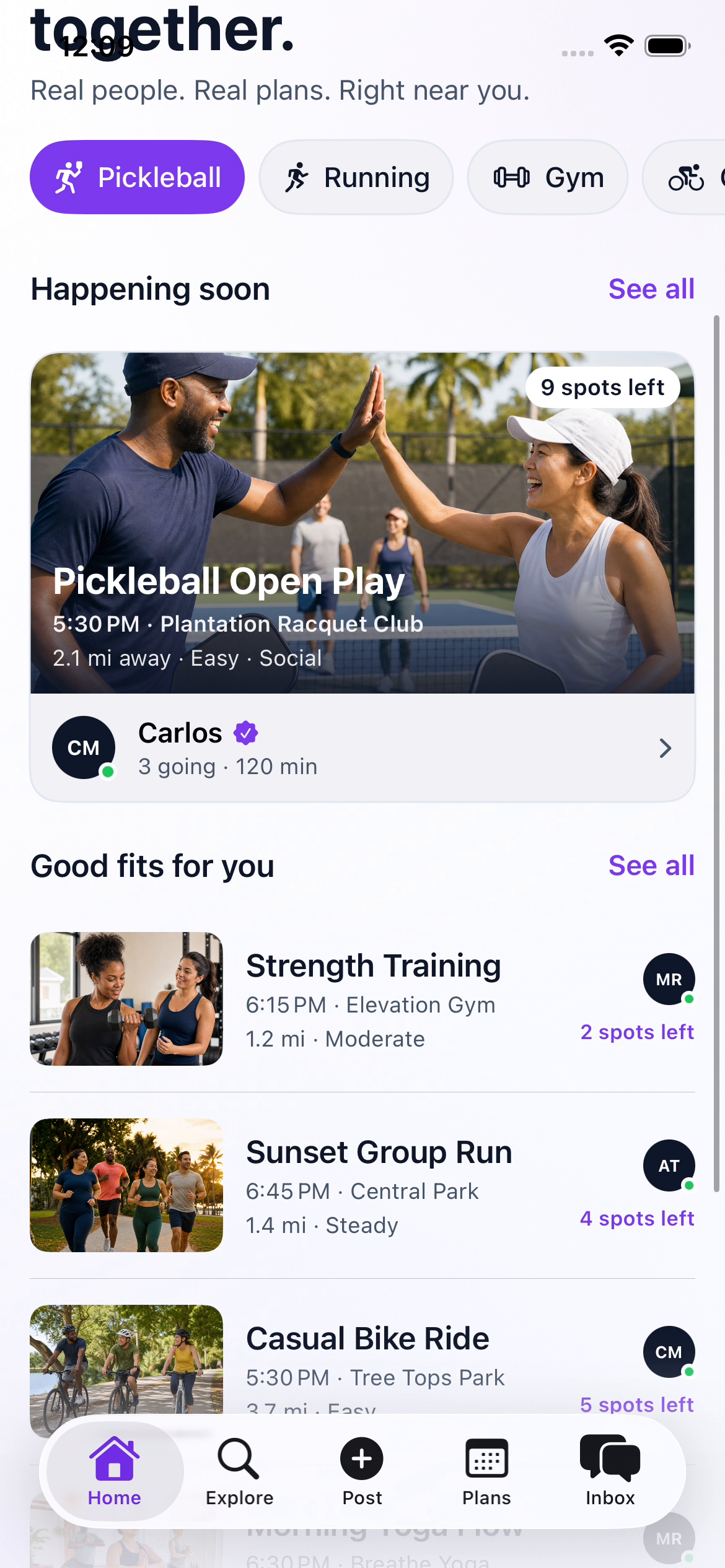Alongside home feed showing nearby activities