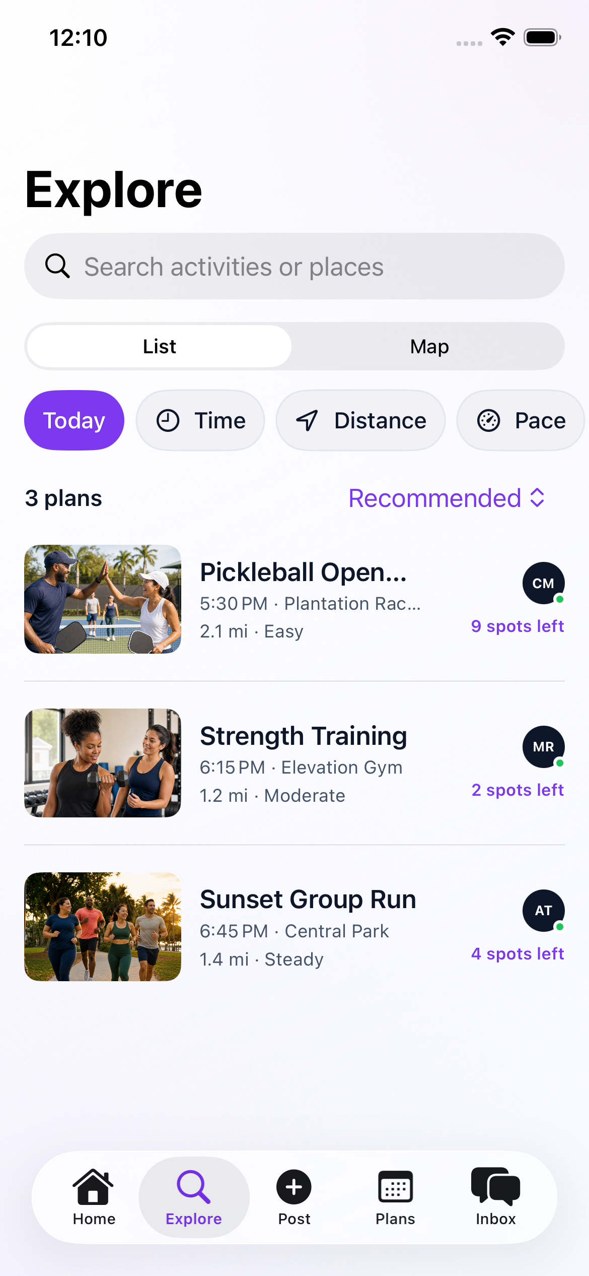 Alongside Explore screen with activity filters