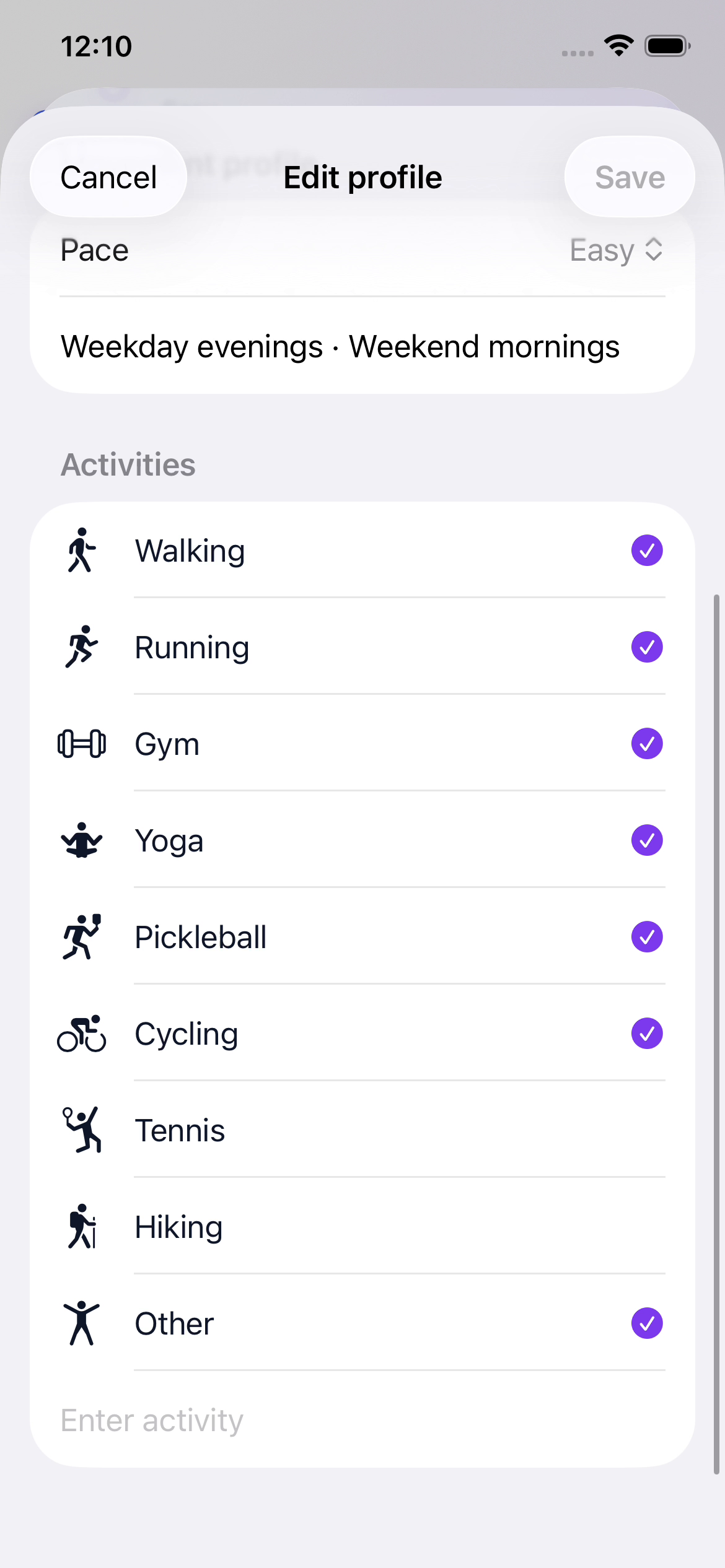 Alongside edit profile screen with activities and availability