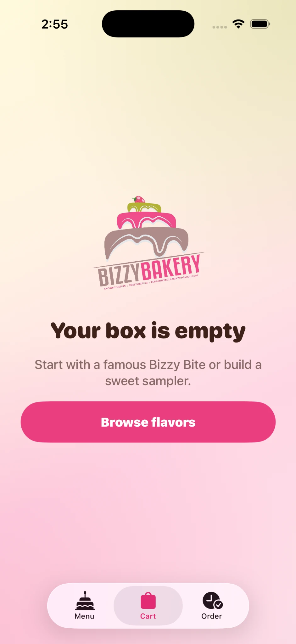 Bizzy Bakery empty cart screen