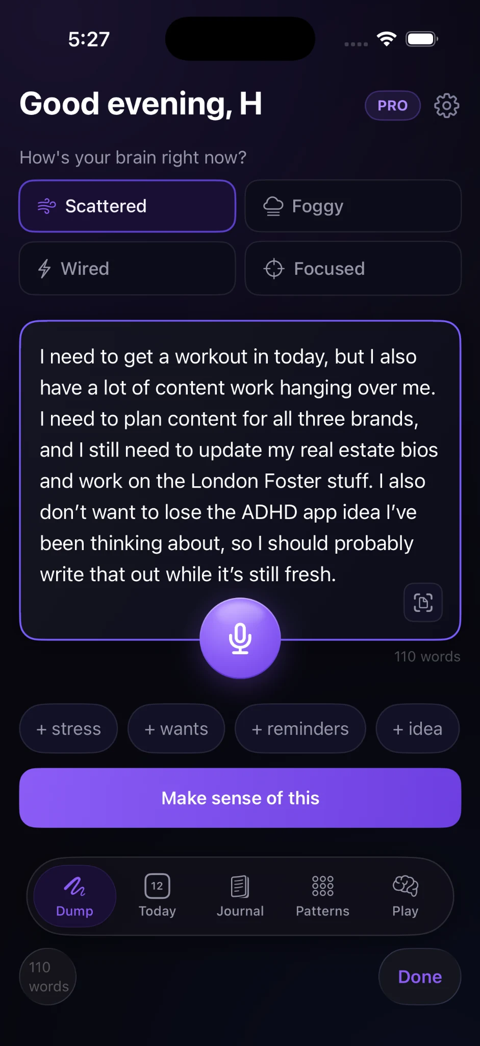 Bramble brain dump screen filled with an unstructured stream of thoughts