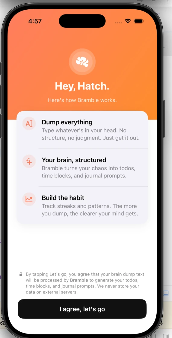 Early Bramble onboarding exploration with a bright orange visual direction
